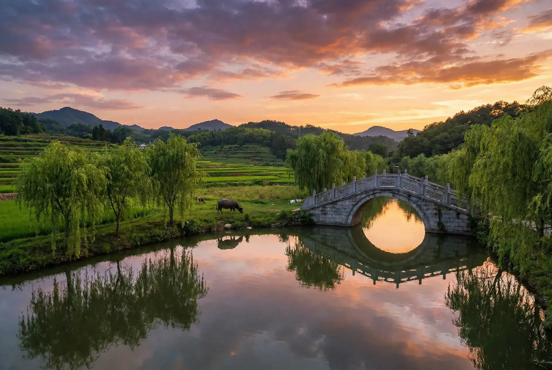 夕阳下的石拱桥与垂柳，水牛在河边吃草 - 24小时日本高清在线视频 乡村美景